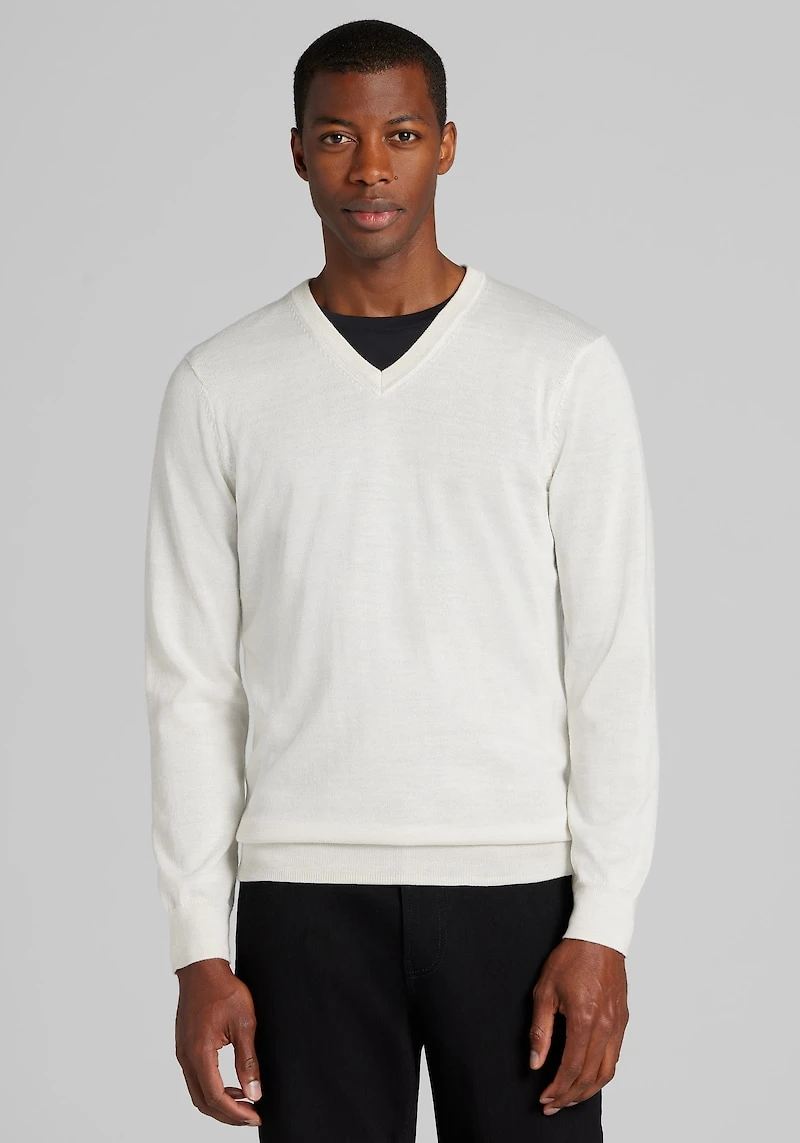 Men's Traveler Collection Tailored Fit Merino V-Neck Sweater at Jos. A. Bank, Cream/Ivory/White