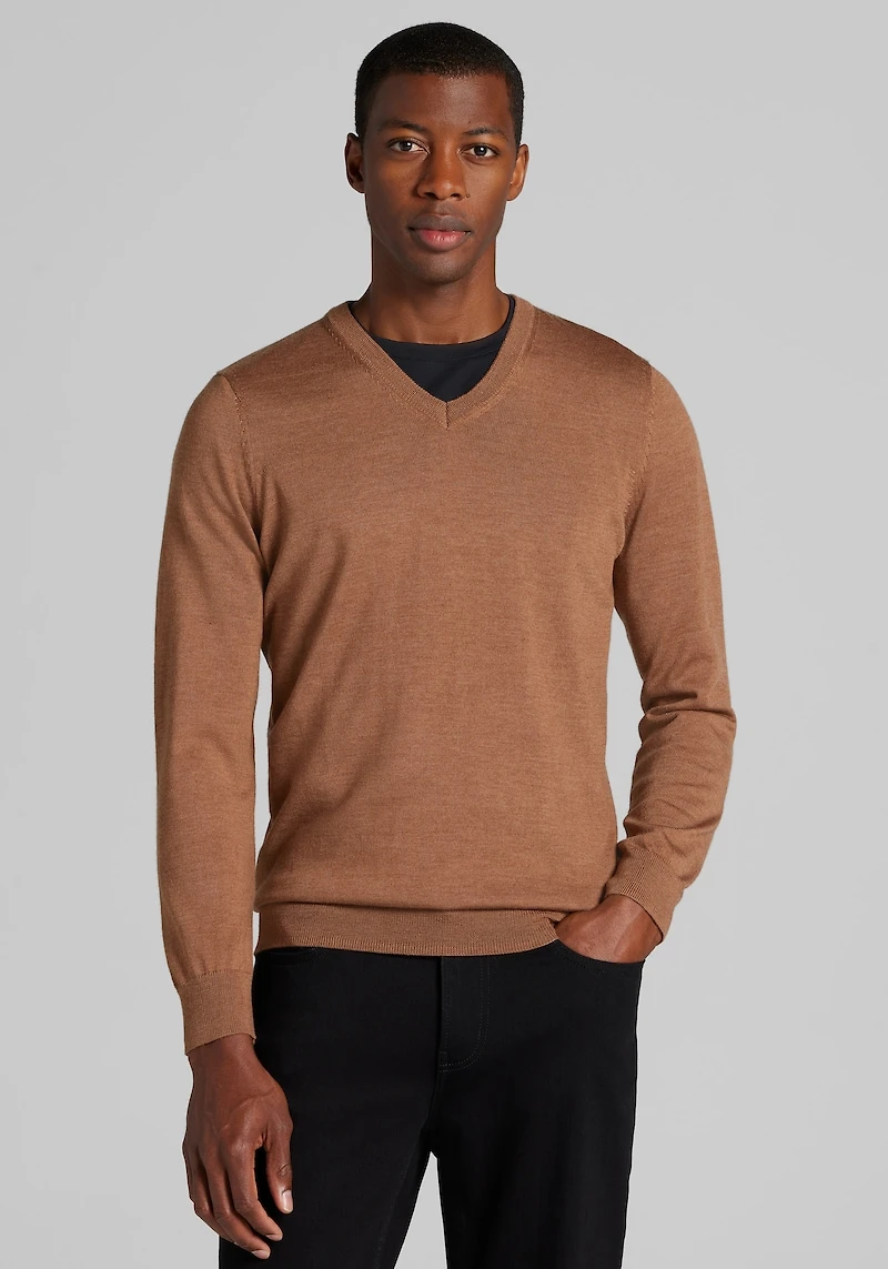 Men's Traveler Collection Tailored Fit Merino V-Neck Sweater at Jos. A. Bank, Dark Tan