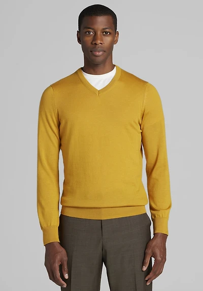 Men's Traveler Performance Tailored Fit Merino V-Neck Sweater at Jos. A. Bank, Gold/Mustard