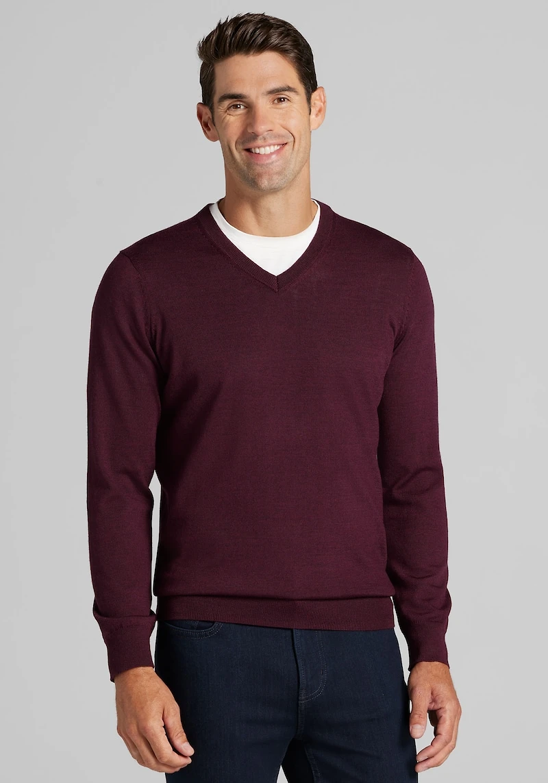 Men's Traveler Collection Tailored Fit Merino V-Neck Sweater at Jos. A. Bank, Burgundy
