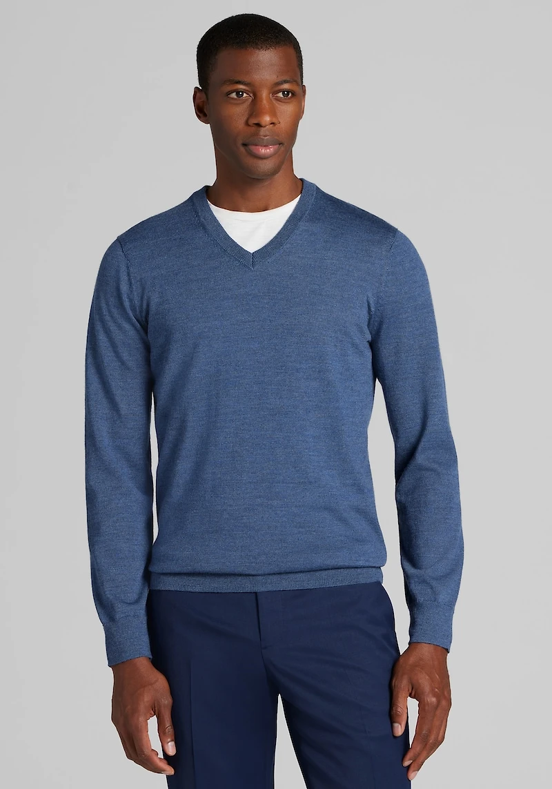 Men's Traveler Collection Tailored Fit Merino V-Neck Sweater at Jos. A. Bank, Blue