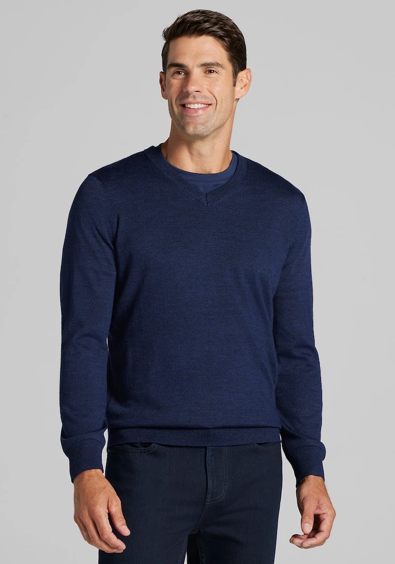 Men's Traveler Collection Tailored Fit Merino V-Neck Sweater at Jos. A. Bank, Blue/Navy