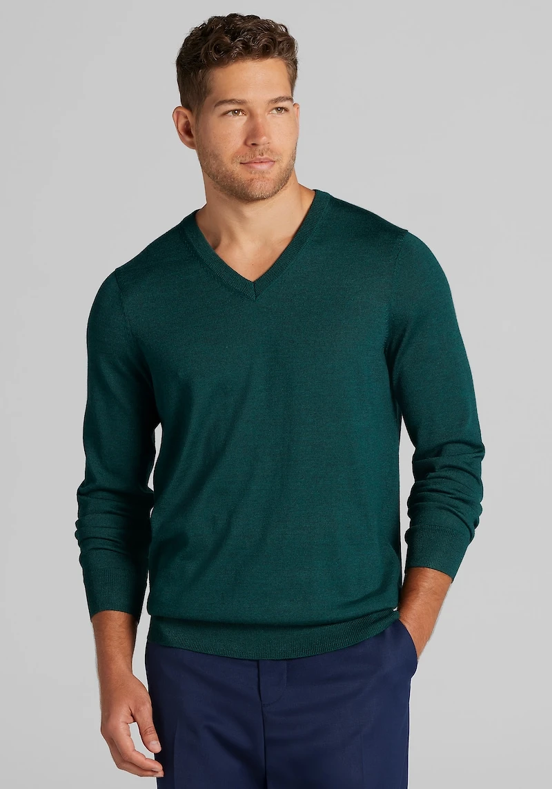 Men's Traveler Collection Tailored Fit Merino V-Neck Sweater at Jos. A. Bank, Dark Green