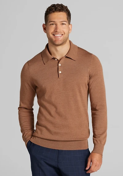 Men's Traveler Collection Tailored Fit Merino Polo Sweater at Jos. A. Bank, Dark Tan