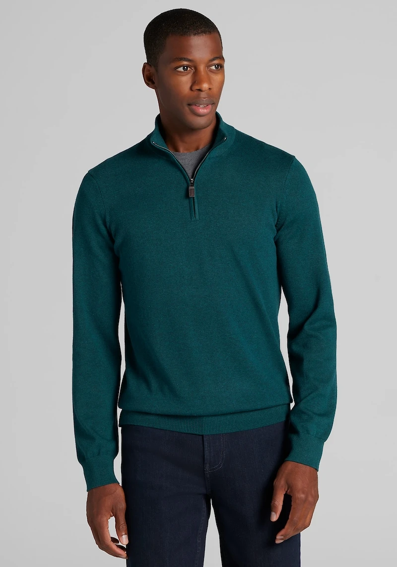 Men's Jos. A. Bank Tailored Fit Pima Cotton 1/4 Zip Sweater at Jos. A. Bank, Green/Ponderosa Pine