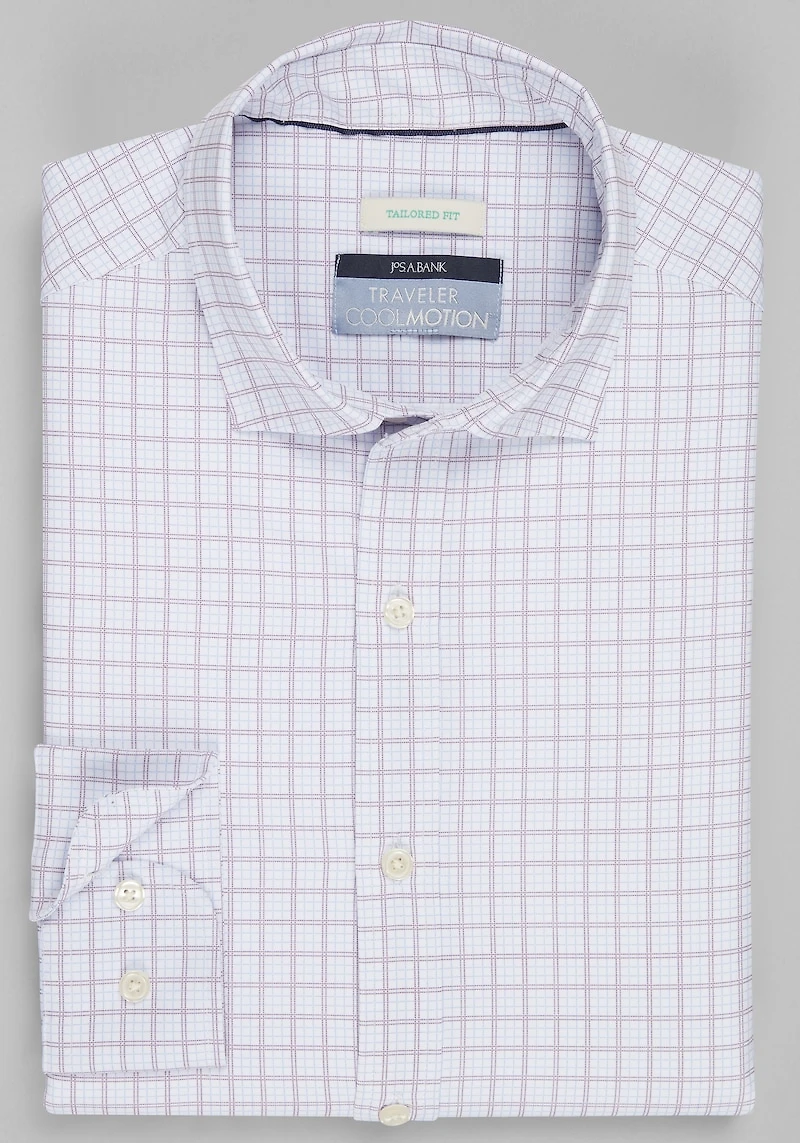 Men's Traveler® Collection Tailored Fit Small Check 4-Way Stretch Casual Shirt at Jos. A. Bank, Cream/White