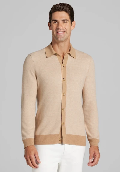 Men's Jos. A. Bank Tailored Fit Shirt Front Jacquard Sweater at Jos. A. Bank, Cartouche Heather/Tan