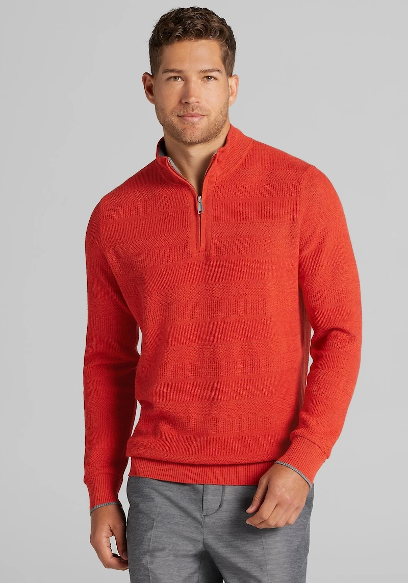 Men's Jos. A. Bank Tailored Fit Textured Stripe 1/4 Zip Sweater at Jos. A. Bank, Orange/Rooibos Tea