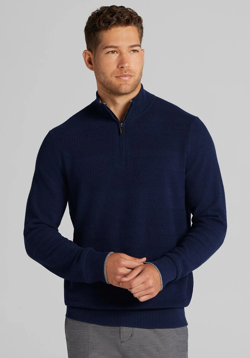 Men's Jos. A. Bank Tailored Fit Textured Stripe 1/4 Zip Sweater at Jos. A. Bank, Blue/Navy Blazer