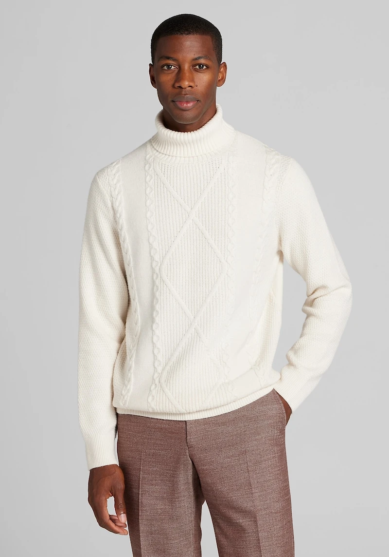 Men's Jos. A. Bank Tailored Fit Cable Knit Turtleneck Sweater at Jos. A. Bank, Antique White/Cream/White