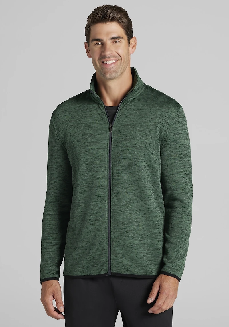 Men's Traveler® COOLMOTION Tailored Fit Heathered Fleece Full Zip Jacket at Jos. A. Bank, Green/Smoke Pine