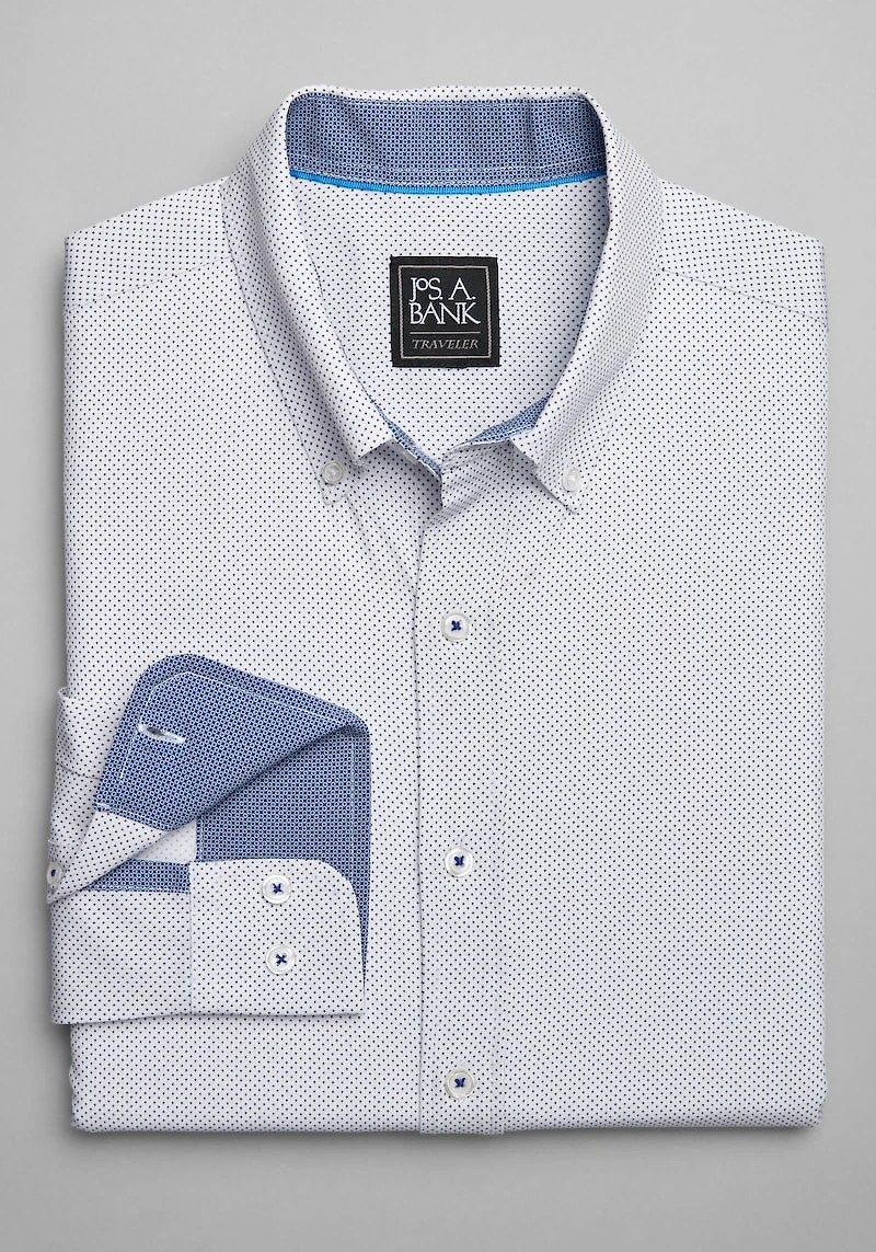 Men's Traveler Performance Tailored Fit 4 Way Stretch Long Sleeve Casual Shirt at Jos. A. Bank, Cream/Navy/White