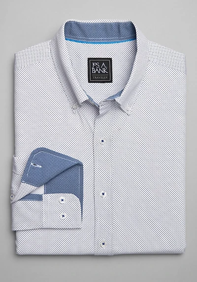 Men's Traveler Performance Tailored Fit 4 Way Stretch Long Sleeve Casual Shirt at Jos. A. Bank, Cream/Navy/White
