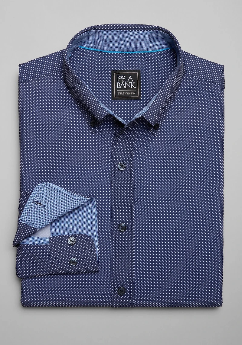 Men's Traveler Performance Tailored Fit 4 Way Stretch Long Sleeve Casual Shirt at Jos. A. Bank, Blue/Navy/White