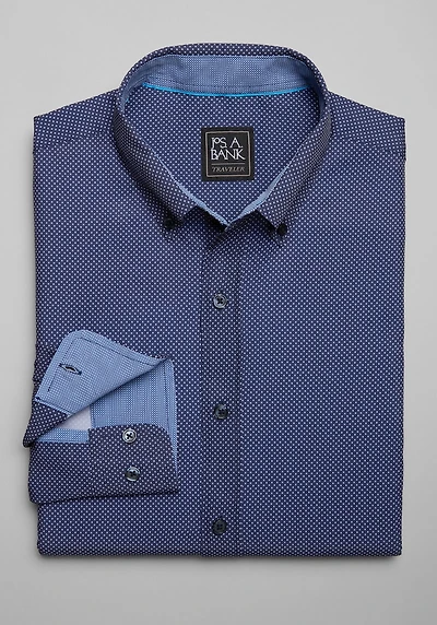 Men's Traveler Performance Tailored Fit 4 Way Stretch Long Sleeve Casual Shirt at Jos. A. Bank, Blue/Navy/White