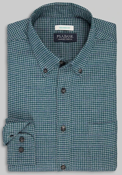 Men's Jos. A. Bank Tailored Fit Overcheck Gingham Flannel Casual Shirt at Jos. A. Bank, Green
