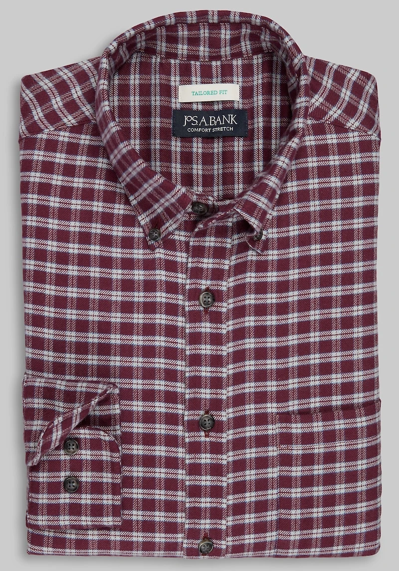 Men's Jos. A Bank Tailored Fit Check Button-Down Collar Flannel Casual Shirt at Jos. A. Bank, Burgundy