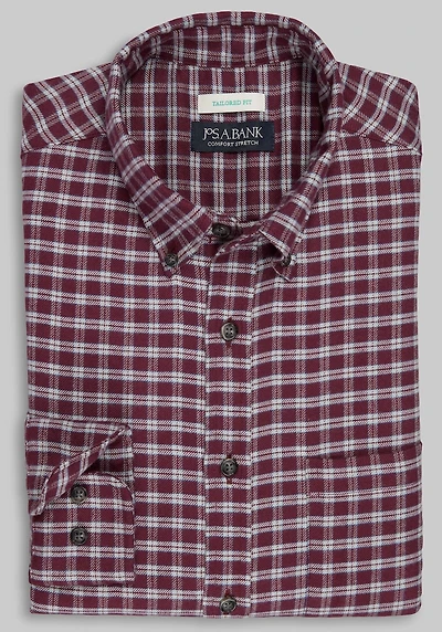 Men's Jos. A Bank Tailored Fit Check Button-Down Collar Flannel Casual Shirt at Jos. A. Bank, Burgundy