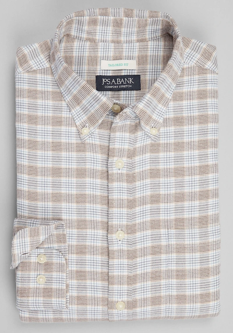Men's Jos. A Bank Tailored Fit Medium Check Button-Down Collar Flannel Casual Shirt at Jos. A. Bank, Camel/Tan