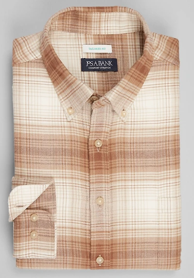 Men's Jos. A Bank Tailored Fit Large Plaid Button-Down Collar Flannel Casual Shirt at Jos. A. Bank, Tan