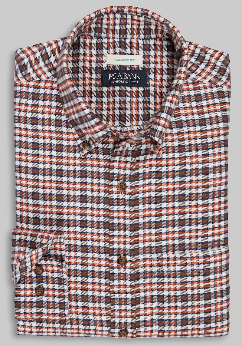 Men's Jos. A. Bank Tailored Fit Medium Plaid Button-Down Collar Flannel Casual Shirt at Jos. A. Bank, Brown