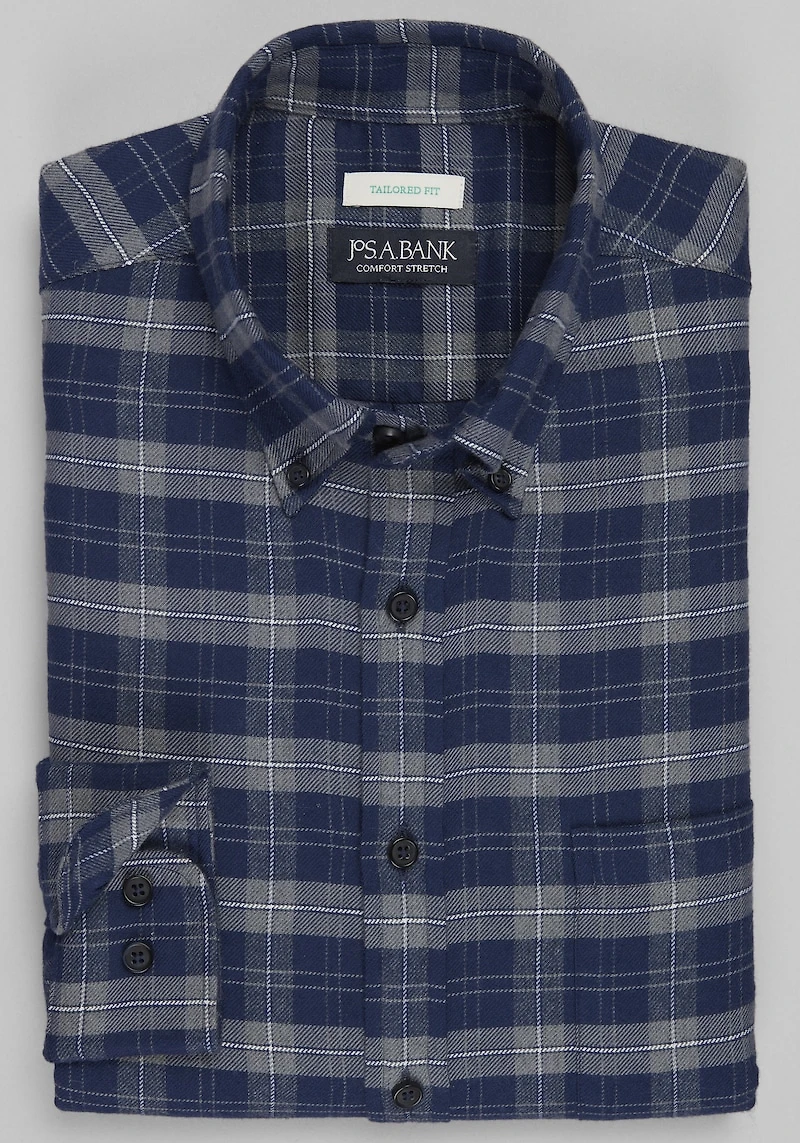 Men's Jos. A Bank Tailored Fit Plaid Button-Down Collar Flannel Casual Shirt at Jos. A. Bank, Blue/Navy