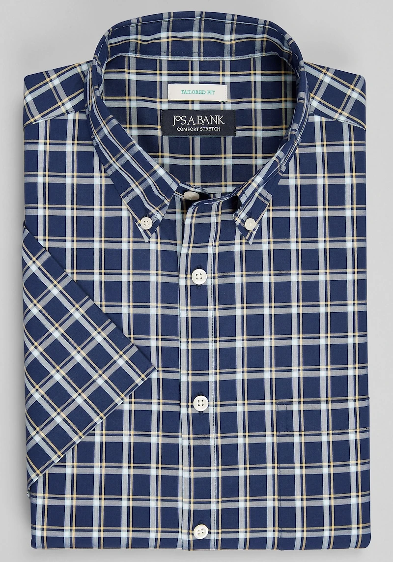 Men's Jos. A. Bank Tailored Fit Bold Plaid Short Sleeve Casual Shirt at Jos. A. Bank, Blue/Navy