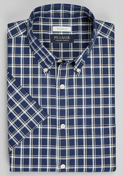 Men's Jos. A. Bank Tailored Fit Bold Plaid Short Sleeve Casual Shirt at Jos. A. Bank, Blue/Navy