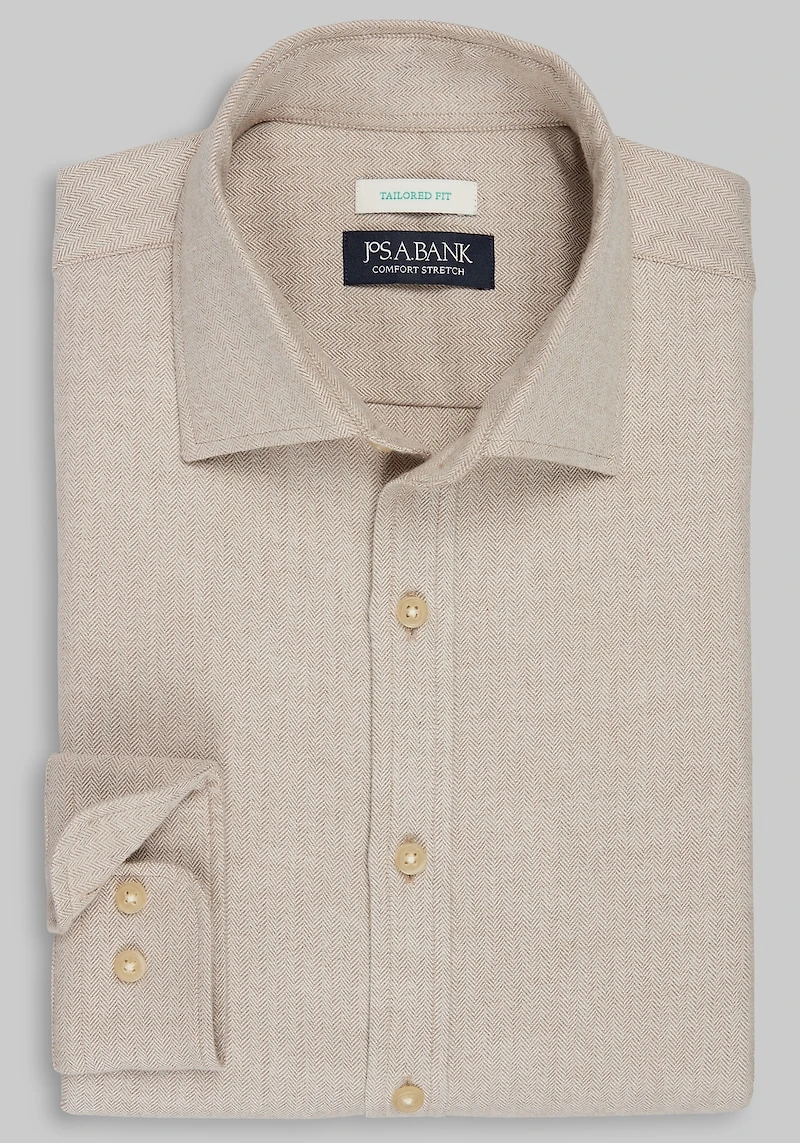 Men's Jos. A Bank Tailored Fit Herringbone Spread Collar Flannel Casual Shirt at Jos. A. Bank, Light Tan