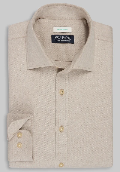 Men's Jos. A Bank Tailored Fit Herringbone Spread Collar Flannel Casual Shirt at Jos. A. Bank, Light Tan