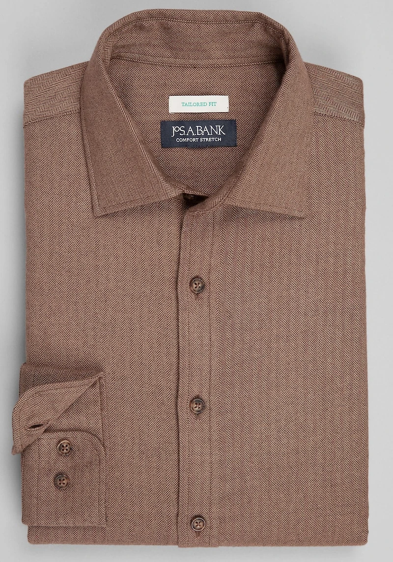 Men's Jos. A Bank Tailored Fit Herringbone Spread Collar Flannel Casual Shirt at Jos. A. Bank, Brown