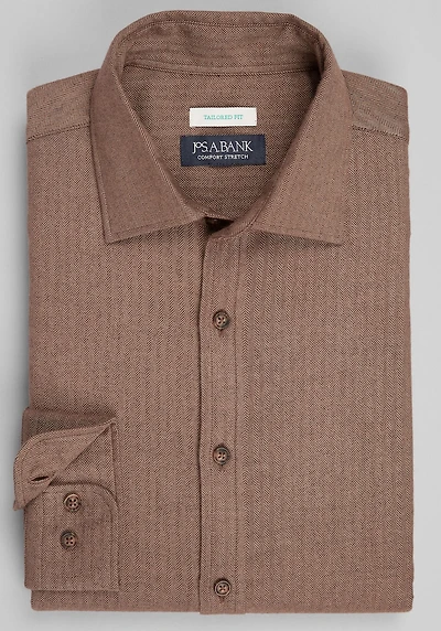 Men's Jos. A Bank Tailored Fit Herringbone Spread Collar Flannel Casual Shirt at Jos. A. Bank, Brown