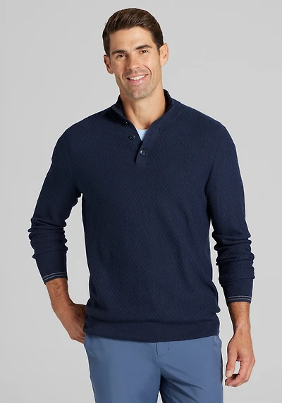 Men's Jos. A. Bank Tailored Fit Textured Button Mock Neck Sweater at Jos. A. Bank, Blue/Navy Blazer, 