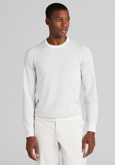 Men's Tailored Fit Stripe Textured Crew Neck Sweater at Jos. A. Bank, Bright White/Cream/White