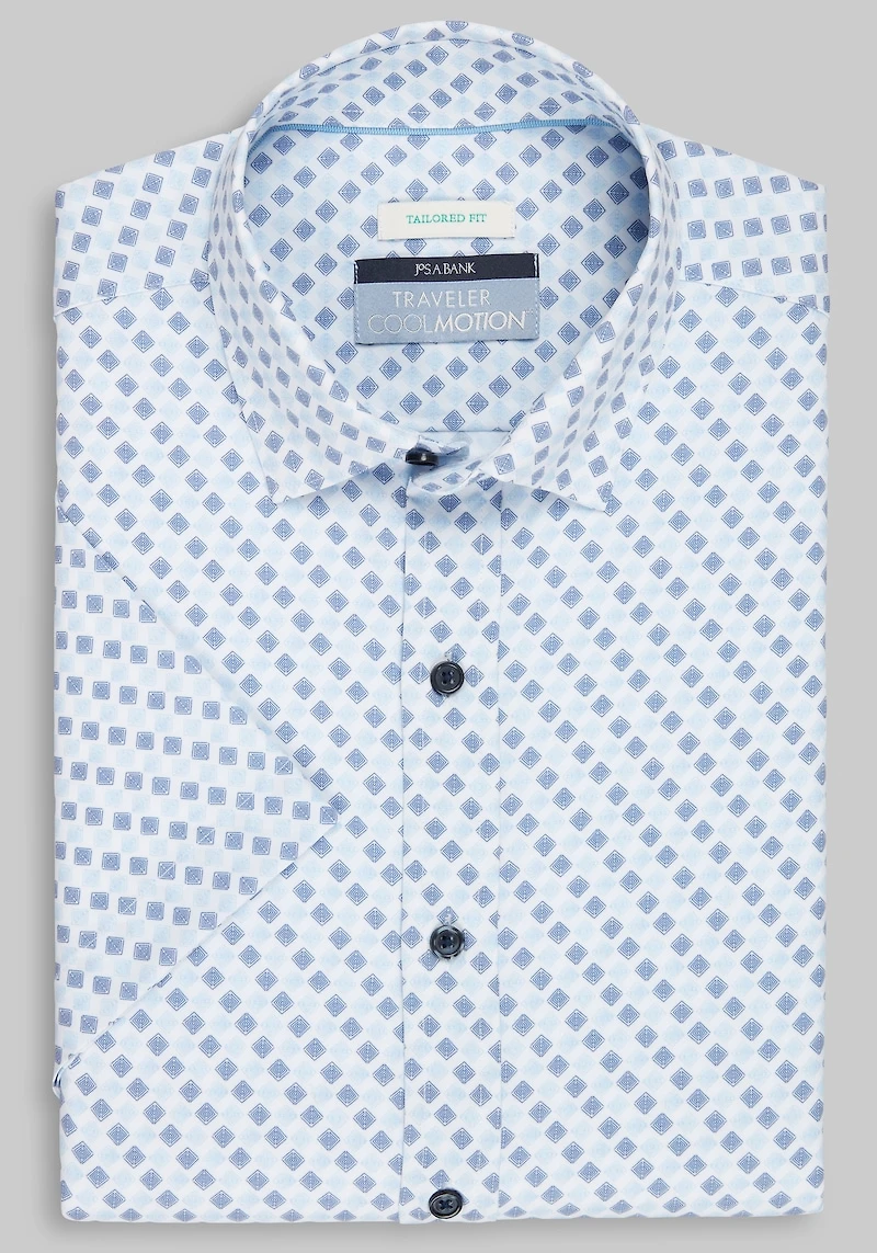 Men's Traveler Collection Tailored Fit Diamond 4-Way Stretch Short Sleeve Casual Shirt at Jos. A. Bank, Light Blue