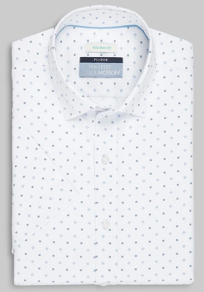 Men's Traveler Collection Tailored Fit Multi Shape 4-Way Stretch Short Sleeve Casual Shirt at Jos. A. Bank, Cream/White