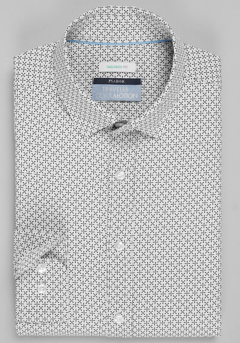 Men's Traveler Collection Tailored Fit Grid 4-Way Stretch Casual Shirt at Jos. A. Bank, Cream/White