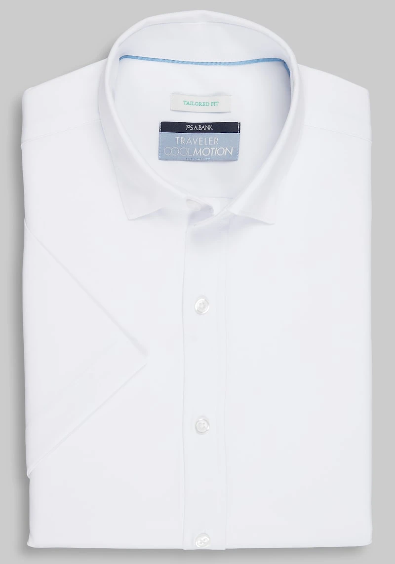 Men's Traveler Collection Tailored Fit Solid 4-Way Stretch Short Sleeve Casual Shirt at Jos. A. Bank, Cream/White