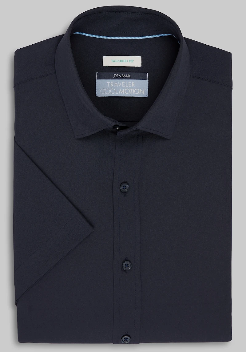 Men's Traveler Collection Tailored Fit Solid 4-Way Stretch Short Sleeve Casual Shirt at Jos. A. Bank, Blue/Navy