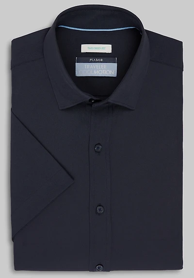Men's Traveler Collection Tailored Fit Solid 4-Way Stretch Short Sleeve Casual Shirt at Jos. A. Bank, Blue/Navy