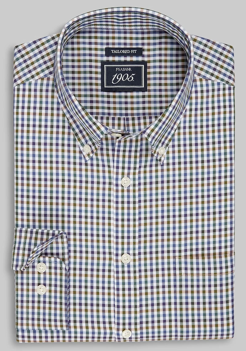 Men's 1905 Collection Tailored Fit Small Check Comfort Stretch Casual Shirt at Jos. A. Bank, Green/Olive
