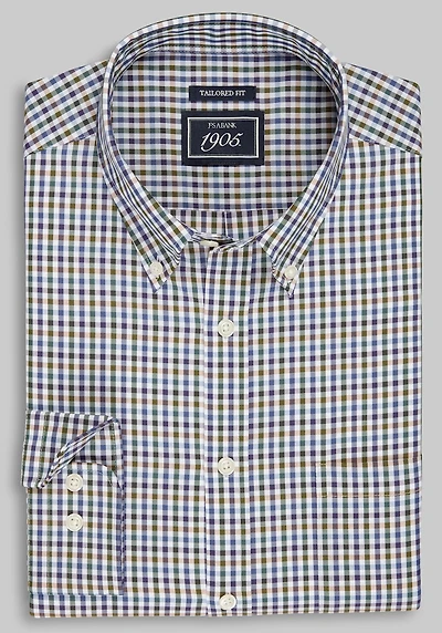 Men's 1905 Collection Tailored Fit Small Check Comfort Stretch Casual Shirt at Jos. A. Bank, Green/Olive