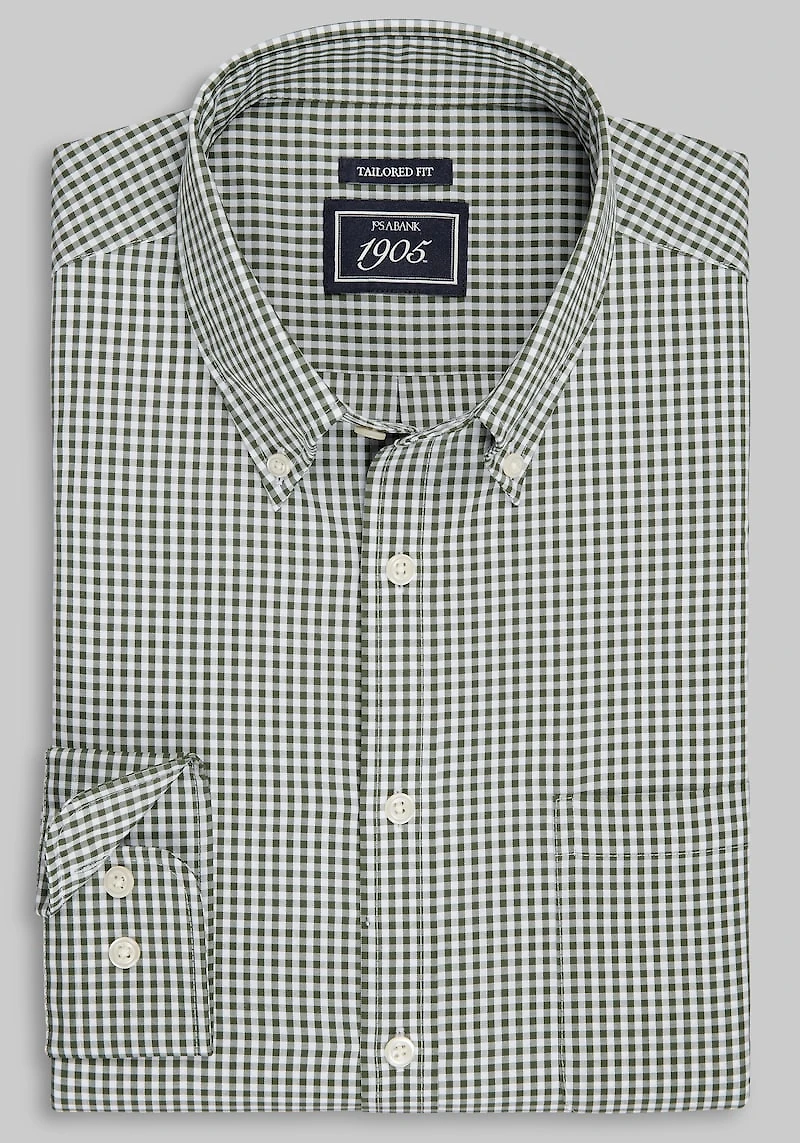 Men's 1905 Collection Tailored Fit Mini Check Comfort Stretch Casual Shirt at Jos. A. Bank, Green/Olive