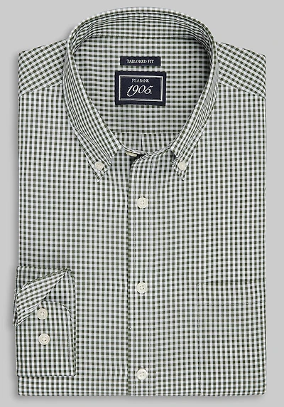 Men's 1905 Collection Tailored Fit Mini Check Comfort Stretch Casual Shirt at Jos. A. Bank, Green/Olive