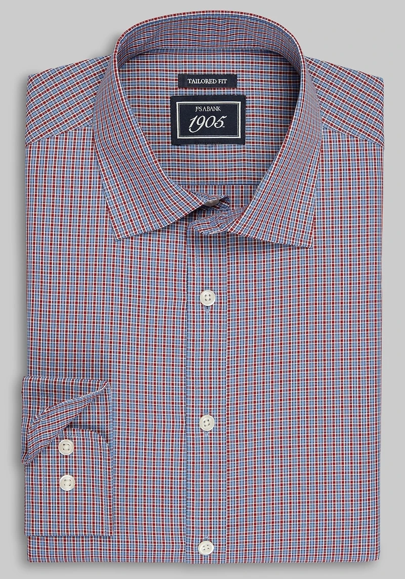Men's 1905 Collection Tailored Fit Small Railroad Check Comfort Stretch Casual Shirt at Jos. A. Bank, Burgundy
