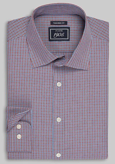 Men's 1905 Collection Tailored Fit Small Railroad Check Comfort Stretch Casual Shirt at Jos. A. Bank, Burgundy