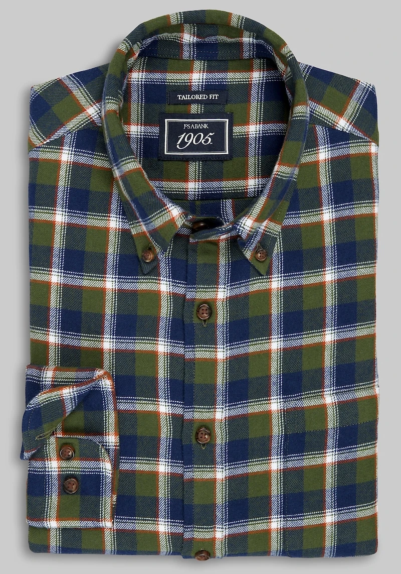 Men's 1905 Collection Tailored Fit Large Check Flannel Casual Shirt at Jos. A. Bank, Green/Olive