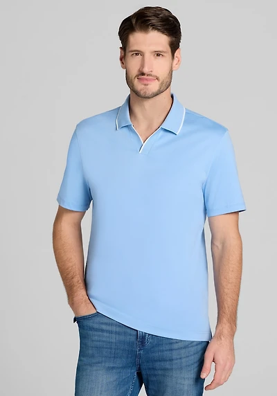Men's Jos. A. Bank Tailored Fit Short Sleeve Liquid Cotton Interlock Johnny Polo at Jos. A. Bank, Della Robbia Blue