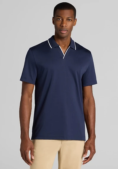 Men's Jos. A. Bank Tailored Fit Short Sleeve Liquid Cotton Interlock Johnny Polo at Jos. A. Bank, Black Iris/Blue