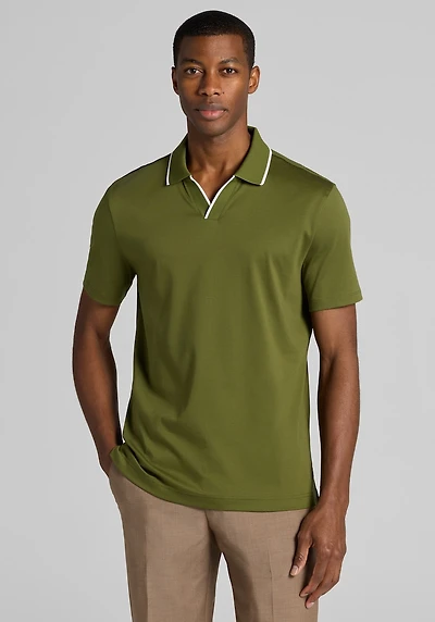 Men's Jos. A. Bank Tailored Fit Short Sleeve Liquid Cotton Interlock Johnny Polo at Jos. A. Bank, Cypress/Green